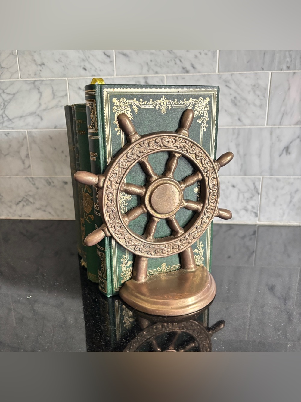 Vintage Brass Ship Wheel Figurine, Single Bookend - Nautical Decor